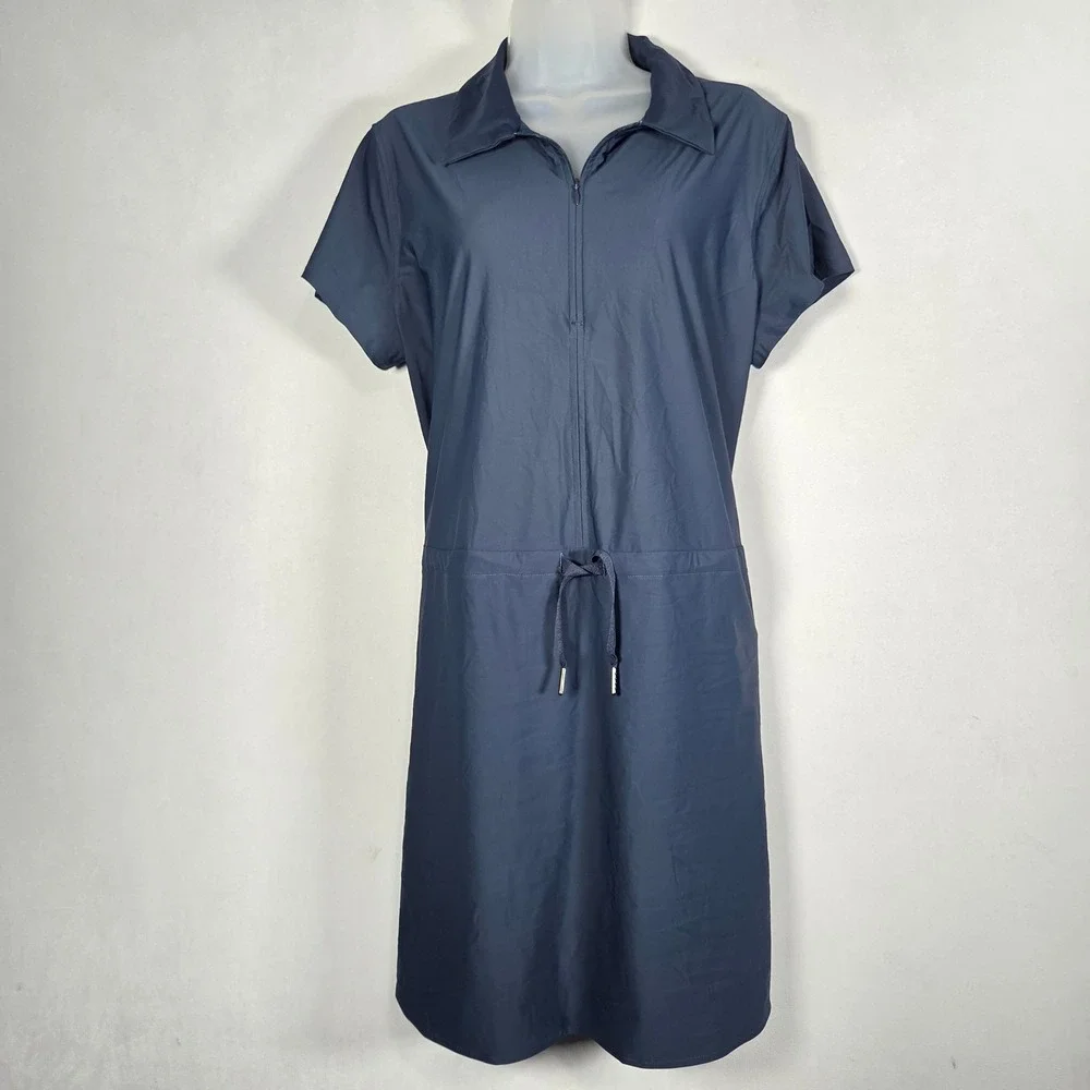 Spanx Sunshine Collared Drawstring Waist Dress XL Navy Blue Carry On Athleisure